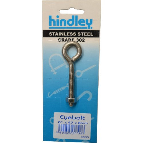 Stainless Eyebolt  81x47x8mm   Carded  Hindley