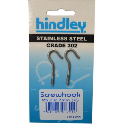 Stainless Screwhook  25x2.7mm (2)  Carded  Hindley