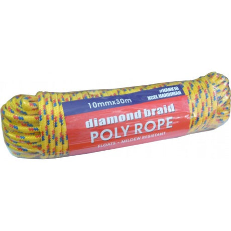 Durable 10mm x 30m polypropylene rope with diamond braid, perfect for outdoor, boating, camping, and DIY tasks.