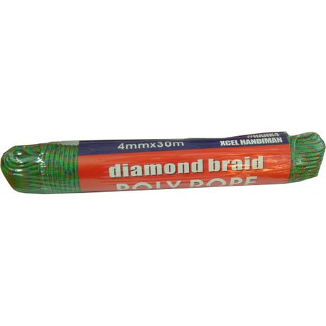 Multipurpose 4mm x 30m diamond braid polypropylene rope, ideal for outdoor activities, securing items, and crafting.