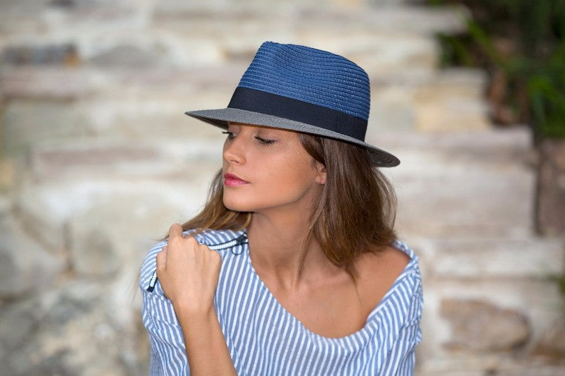 Hat - Colour Block Trilby  - Navy-Grey