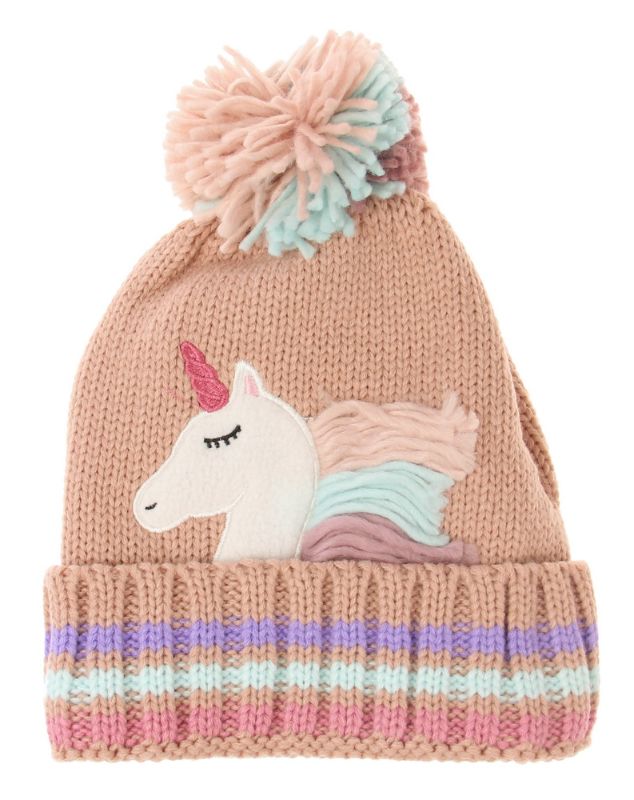 Pink kids unicorn beanie with colorful mane, perfect for warmth and whimsical style in winter for ages 2-8.