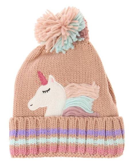 Pink kids unicorn beanie with colorful mane, perfect for warmth and whimsical style in winter for ages 2-8.