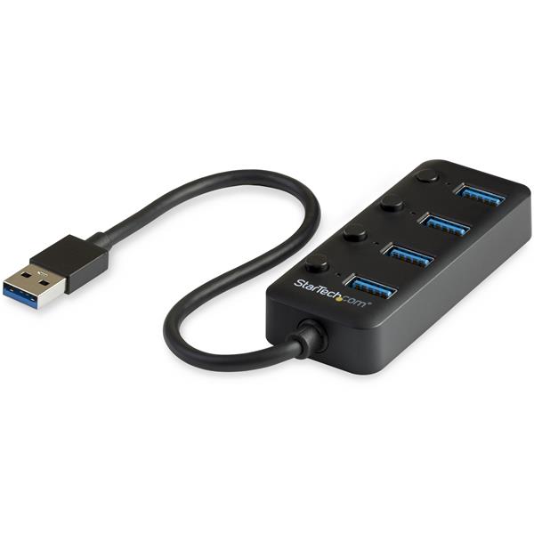 4-Port USB 3.0 hub with individual on/off switches for power management, ideal for connecting multiple devices on-the-go.