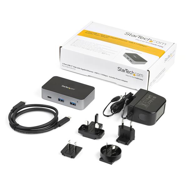 3-Port USB C Hub with LAN Port - 10Gbps - 2xA & 1xC - Powered