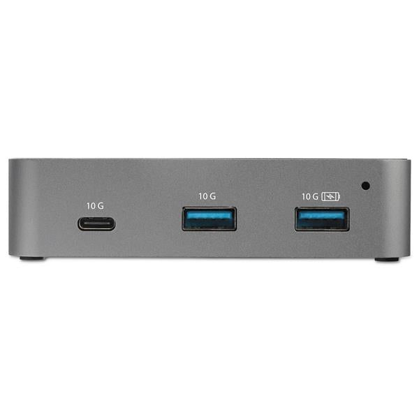 4-Port USB C hub with 10Gbps speed, 3 USB-A ports, 1 USB-C, and universal power adapter for enhanced device connectivity.