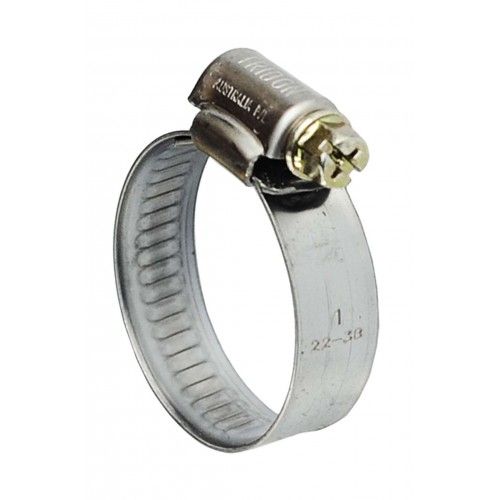 Heavy-duty stainless steel hose clip (16-27mm) with non-perforated band for secure, gentle hose grip and leak prevention.