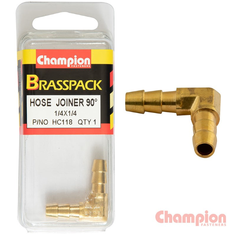 Brass 90° barb elbow hose joiner 1/4-1/4 for secure, leak-proof plumbing connections in various applications.