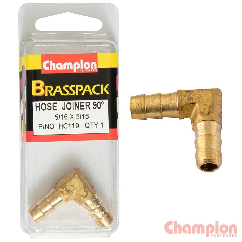 Brass 90° elbow hose joiner, 5/16-5/16, ideal for plumbing and irrigation, ensures durable, leak-proof connections.