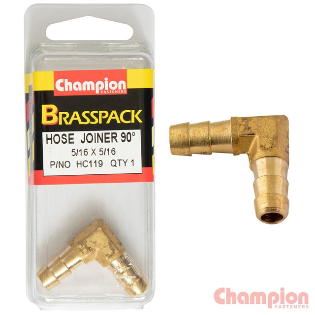 Brass 90° elbow hose joiner, 5/16-5/16, ideal for plumbing and irrigation, ensures durable, leak-proof connections.