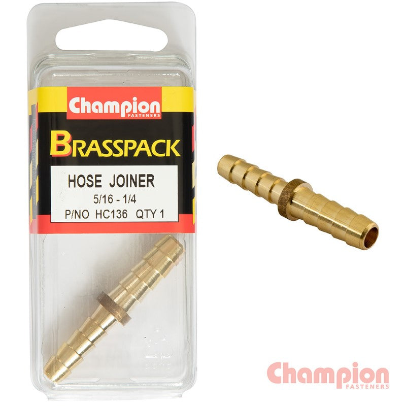 Brass hose joiner reducing from 5/16 to 1/4 for secure, leak-free connections in plumbing and irrigation systems.