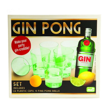 Colorful gin pong cups set for a fun drinking game with ping pong balls, perfect for parties and gatherings.