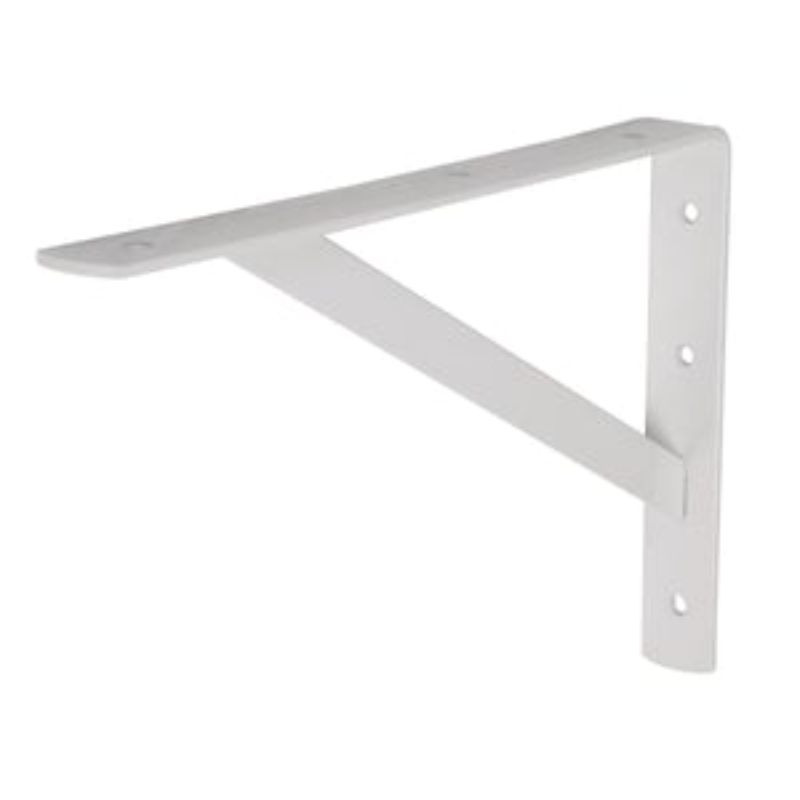 Heavy-duty white shelf bracket, 200x300mm, made of 4mm steel, holds up to 225Kg with six attachment points for stability.