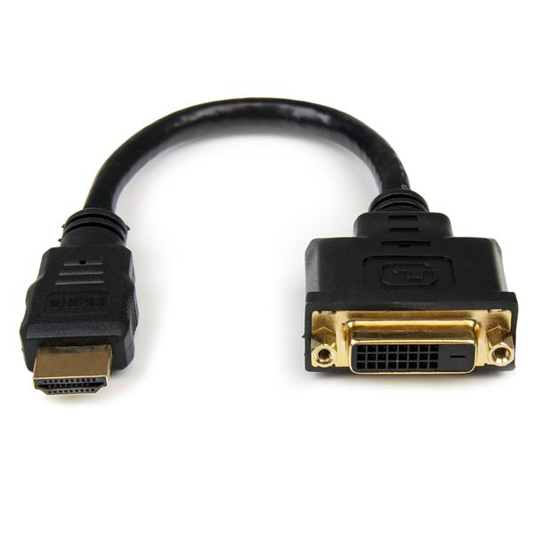 8-inch HDMI to DVI-D adapter with male HDMI and female DVI connectors for seamless video connections and reduced port strain.