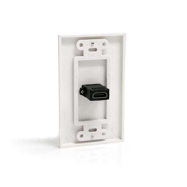 Single Outlet Female HDMI Wall Plate in white for sleek connections, hides cables for a clean home theater setup.