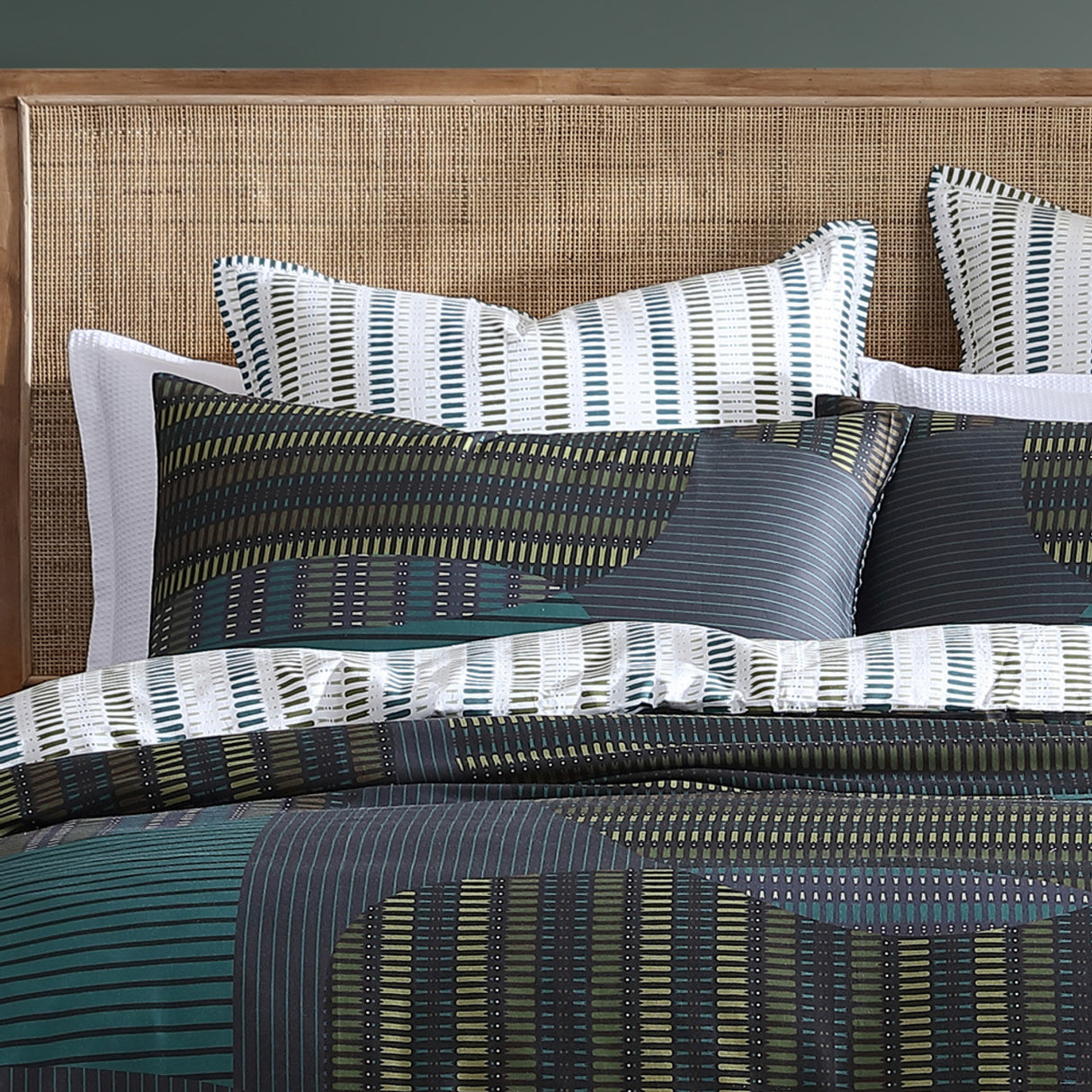 Duvet cover set featuring contemporary stripes and organic shapes in charcoal, designed for a masculine appeal in a king size.