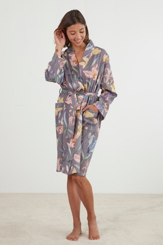 Botanical Grey kimono robe with floral design, 100% cotton, two pockets, waist tie, ethically made in Turkey.