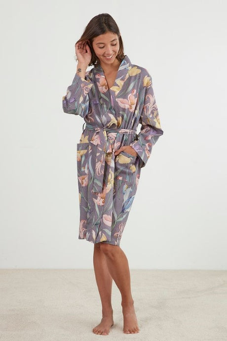 Botanical Grey kimono robe with floral design, 100% cotton, two pockets, waist tie, ethically made in Turkey.