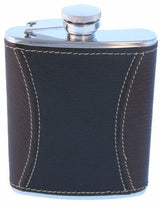 Sleek 6oz black leather hip flask set with captive top and stainless steel funnel, perfect for adventures and celebrations.