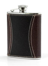 Stylish black leather-wrapped hip flask set with a 6oz capacity and stainless steel funnel, perfect for outdoor adventures.
