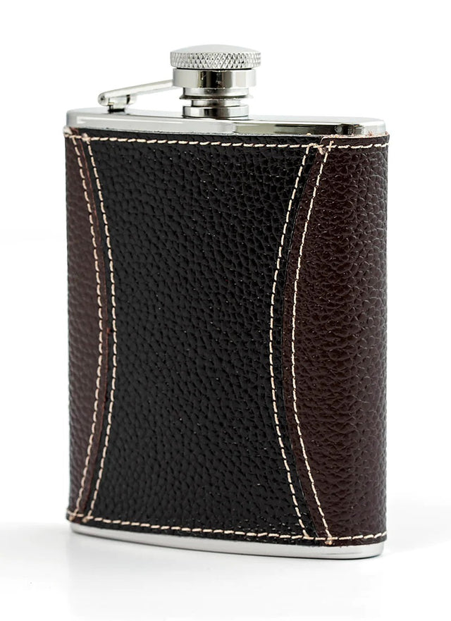 Stylish black leather-wrapped hip flask set with a 6oz capacity and stainless steel funnel, perfect for outdoor adventures.