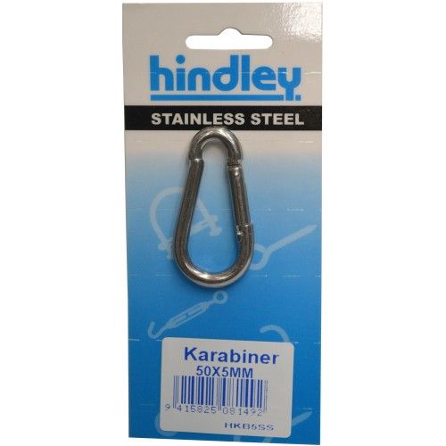 Stainless steel karabiner, 50 x 5mm, spring-loaded for secure, quick attachment in outdoor and marine activities.