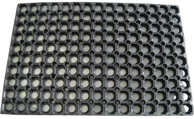 Large rubber door mat with hollow ring design, 1000mm x 500mm, durable, weather-resistant, and non-slip for effective dirt trapping.