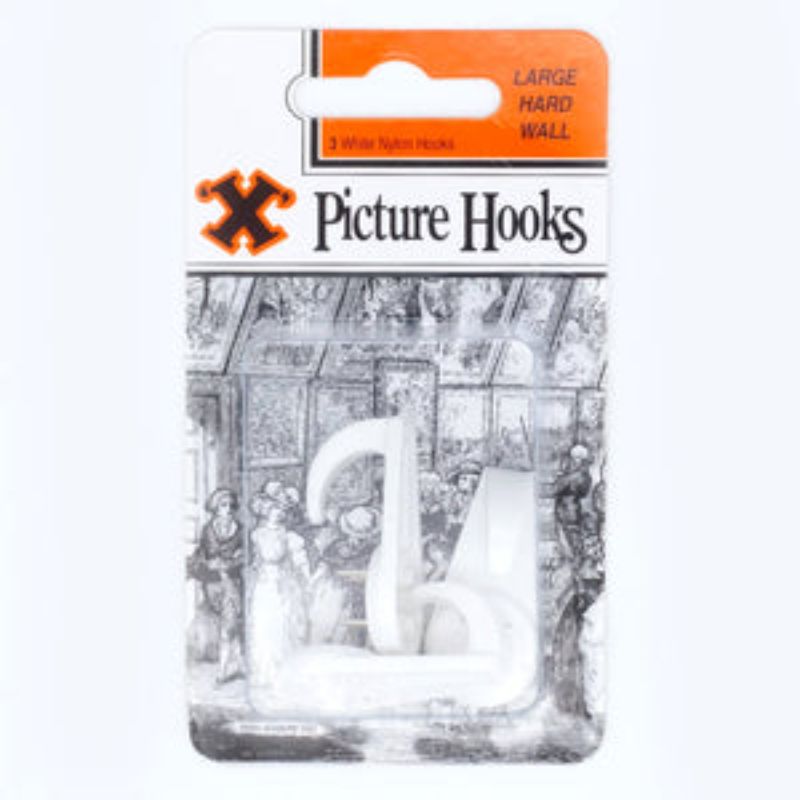 Large bayonet hardwall picture hooks in a 3-piece pack for easy wall mounting.