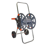 Lightweight 50m capacity hose trolley with robust polyprop frame and aluminum design for easy garden hose storage.