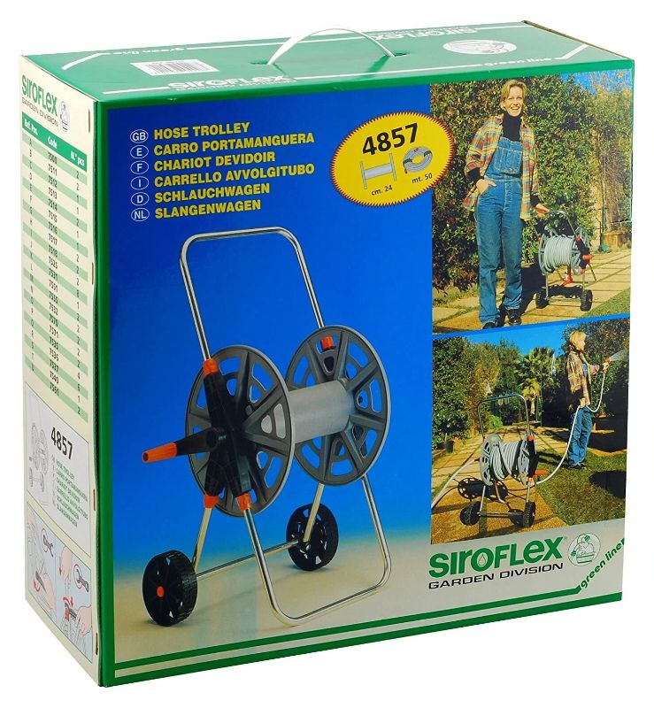 Lightweight hose trolley for 50m of hose, featuring a durable polyprop and aluminium frame with smooth-rolling wheels.