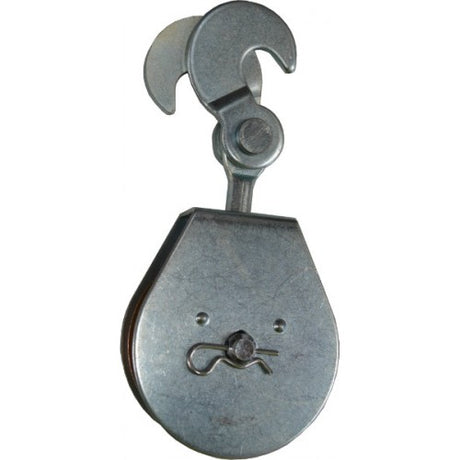 Durable 75mm pulley block with steel body, zinc plating, swivel hooks, and removable pin for versatile lifting tasks.