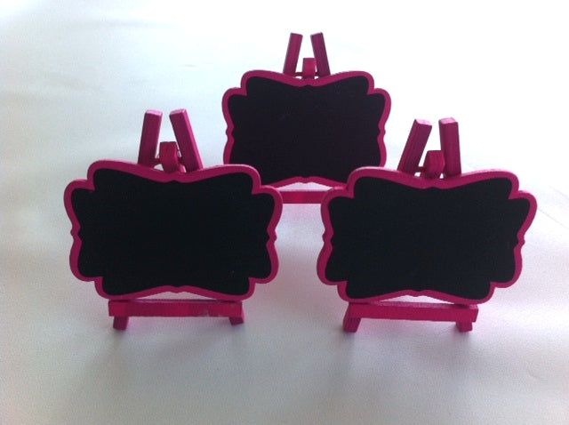 Bright hot pink mini easel blackboards, pack of 3, perfect for event decor, signage, and personalized messages.