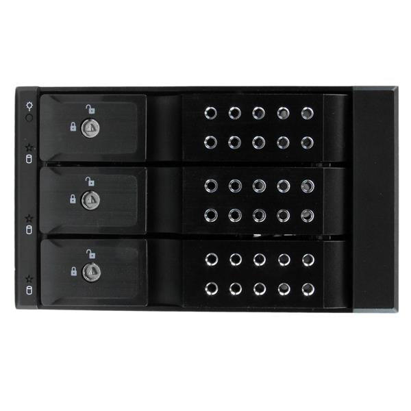 3 Bay SATA/SAS HDD mobile rack with fan, allowing hot-swappable installation for three 3.5" drives in 5.25" bays.