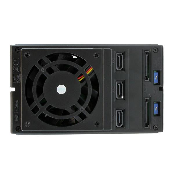 3 Bay SATA/SAS HDD mobile rack backplane with fan for hot-swapping drives, featuring secure ejection levers and aluminum enclosure.