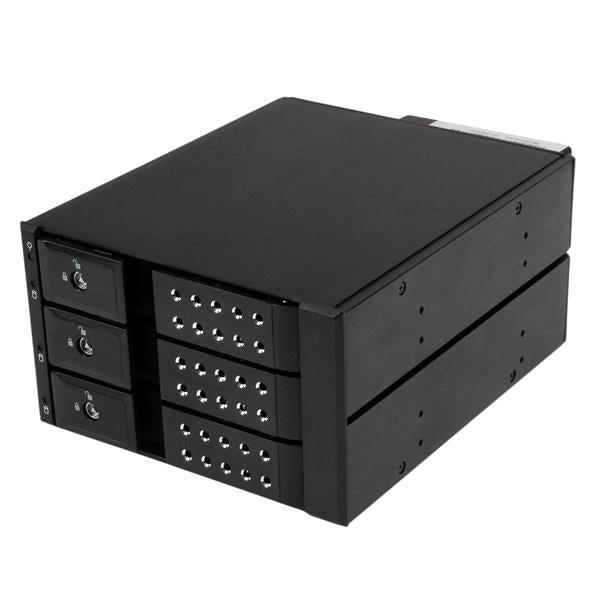 3 Bay HDD trayless mobile rack with fan for hot-swapping 3.5" SATA/SAS drives, features key-lock and heat dissipation.