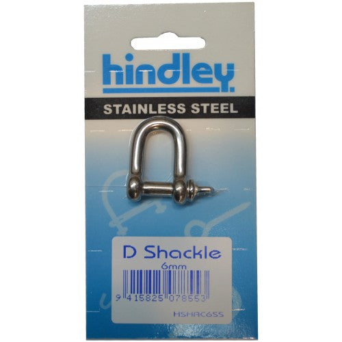 Heavy-duty 6mm stainless steel D shackle with screw collar pin and safety wire hole, ideal for anchoring and securing loads.