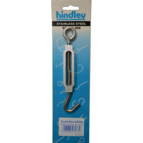Stainless steel turnbuckle 8mm with hook and eye, 163mm closed, 228mm open, ideal for rigging and securing projects.