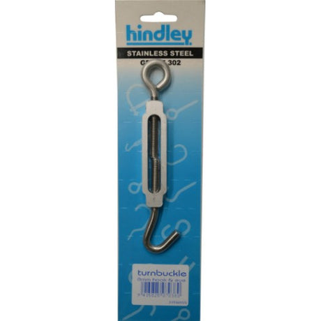 Stainless steel turnbuckle 8mm with hook and eye, 163mm closed, 228mm open, ideal for rigging and securing projects.