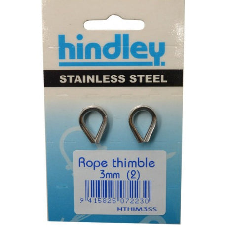Stainless steel rope thimbles, 3mm, 2 per card, designed for durability and corrosion resistance in marine and outdoor applications.