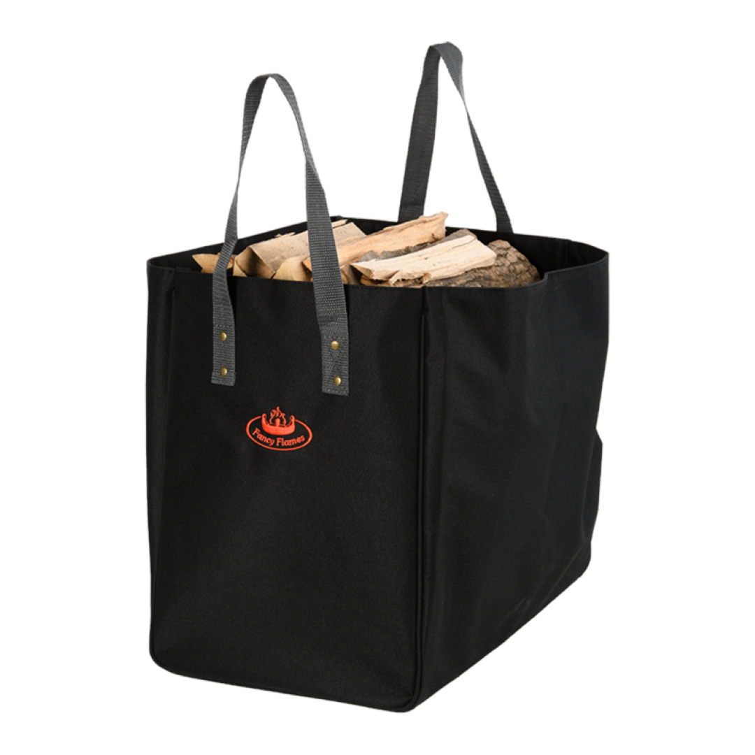 Black kindling carrier bag (28x38x37cm) with sturdy handles for easy transport and stylish storage of firewood or blankets.