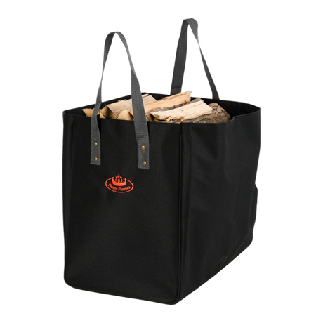 Black kindling carrier bag (28x38x37cm) with sturdy handles for easy transport and stylish storage of firewood or blankets.