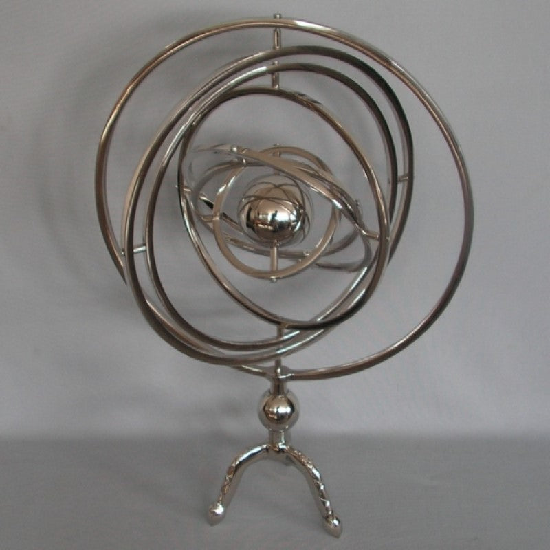 Aluminum armillary ornament, 57cm high and 38cm wide, perfect for garden or home decor.