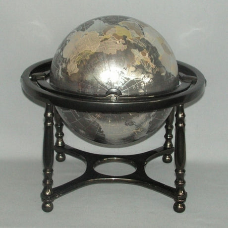 Black aluminum framed globe measuring 26 x 26cm, showcasing geographical features in a sleek design.