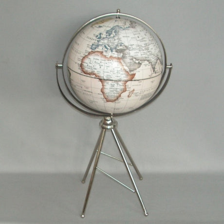 Desktop globe on aluminum stand, 25cm size, ideal for educational and decorative use.