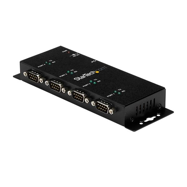 4-port USB to DB9 RS232 serial hub with rugged design, DIN rail clips, and COM port retention for reliable device connectivity.