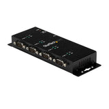 4-port USB to DB9 RS232 serial hub with rugged design, DIN rail clips, and COM port retention for reliable device connectivity.