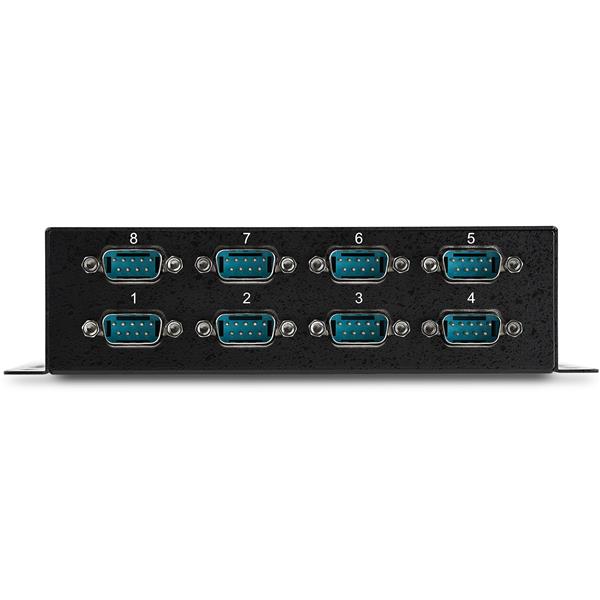 USB Serial Hub with 8 ports for DB9 RS232 connections, ideal for legacy devices, featuring rugged durability and versatile mounting.