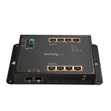 Gigabit Ethernet Switch with 8 PoE+ ports and 2 SFP slots, designed for durable, flexible network management in compact spaces.