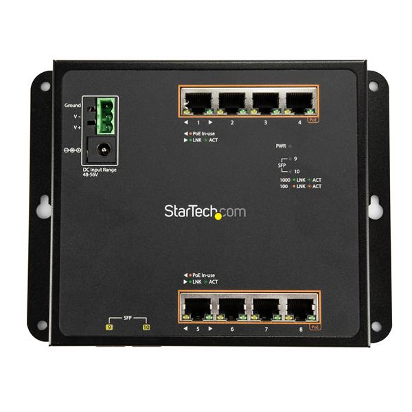 Gigabit Ethernet Switch with 8 PoE+ ports and 2 SFP slots, designed for robust performance and versatile installation options.