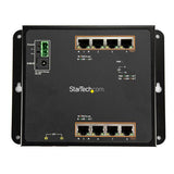 Gigabit Ethernet Switch with 8 PoE+ ports and 2 SFP slots, designed for robust performance and versatile installation options.